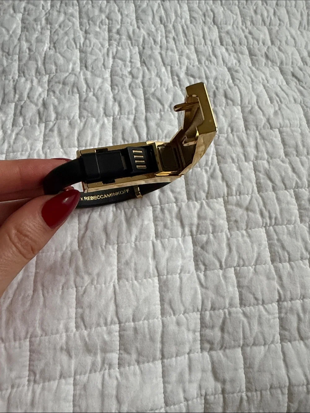 Rebecca Minkoff Black Leather like Bracelet with Gold Geometric Accent